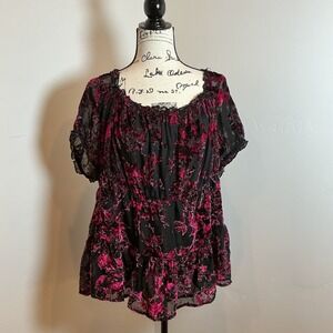 Burnout Velvet Floral Peplum Blouse Women XL Black Fuchsia Excellent Scoop Back